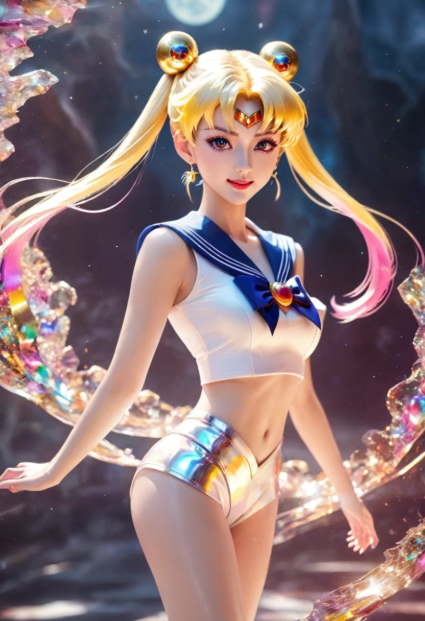 Hellscape Sailor Moon ,in leggings, solo,Anatomically correct, motion blur,1 japan girl, smile,beautiful, 3d,skin texture,blingbling,fractal background