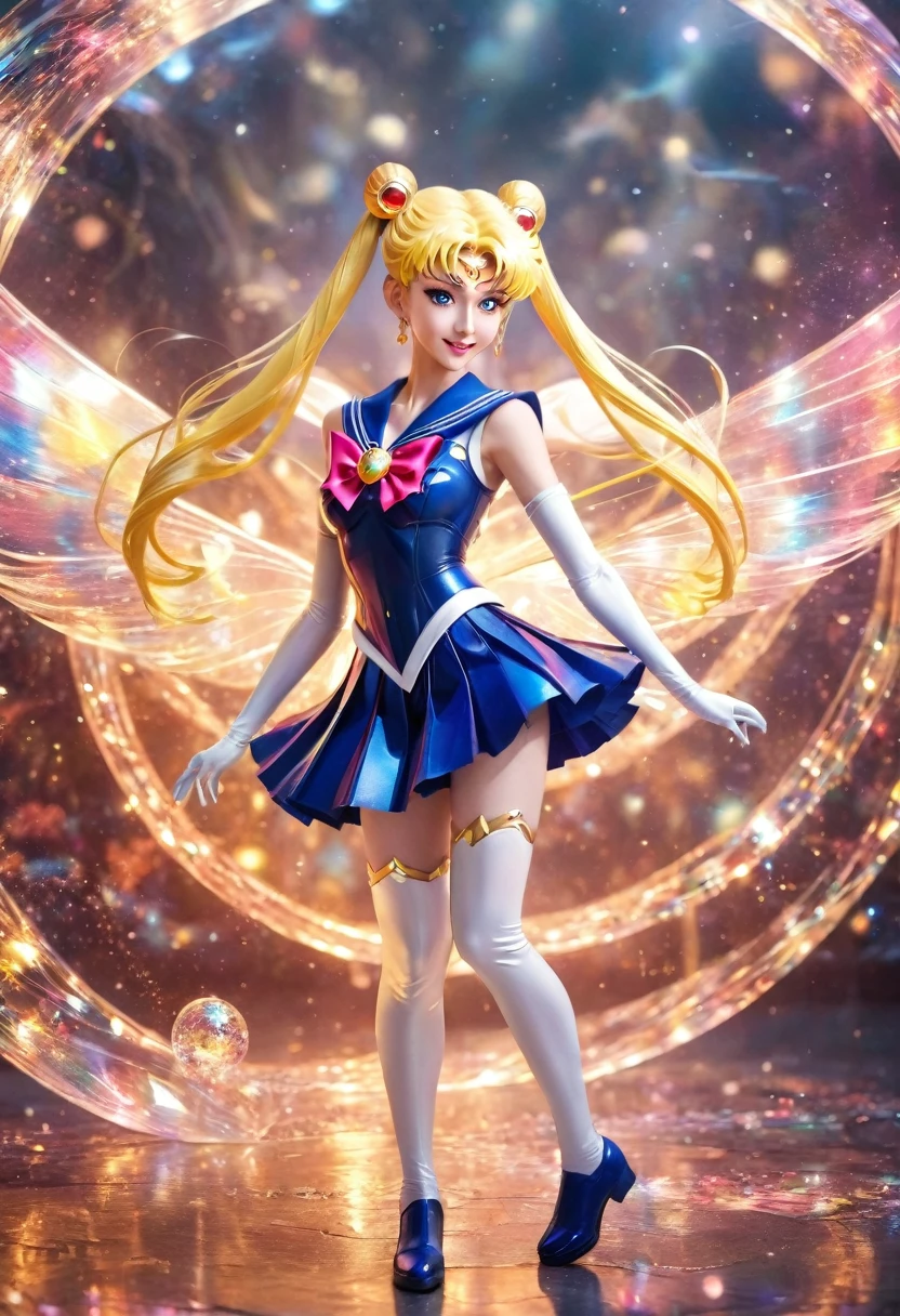 Hellscape Sailor Moon ,in leggings, solo,Anatomically correct, motion blur,1 japan girl, smile,beautiful, 3d,skin texture,blingbling,fractal background