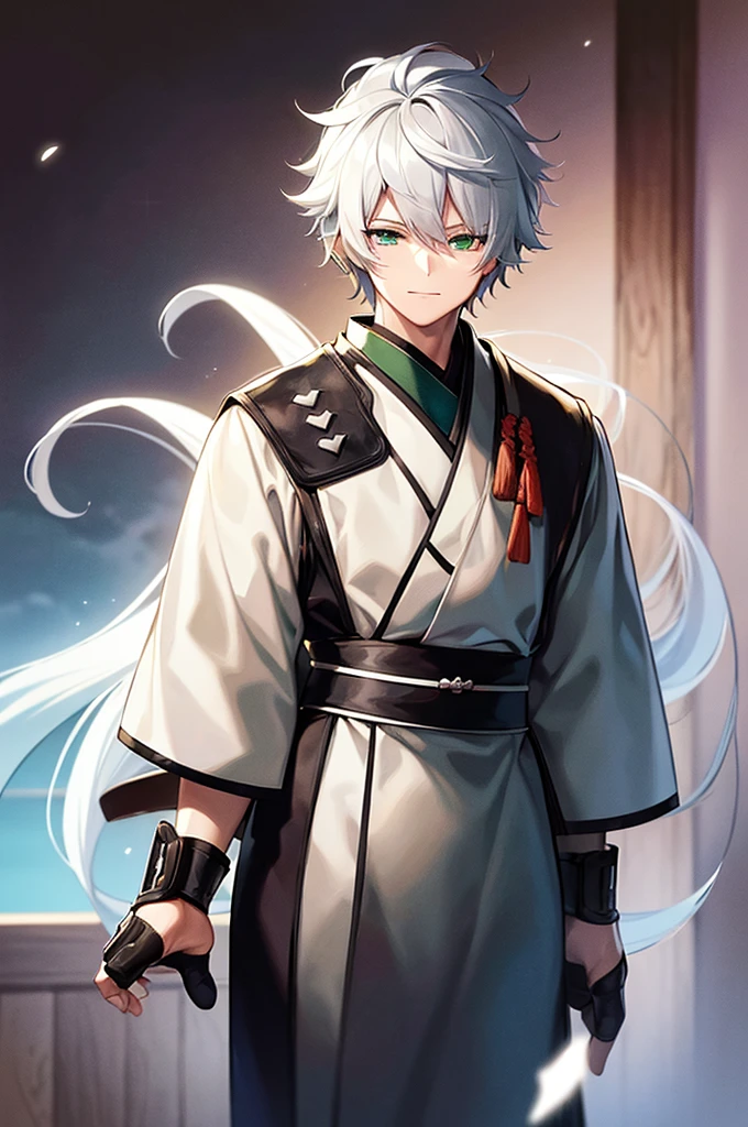 ((Pixiv)),(masterpiece_portrait),(Wuxia),(10s-anime-aesthetic),(Akira Kitamura),1boys,White_skin,sharp_face,medium_hair,white_hair,curly_hair,hair_over_one_eye,light_green_eyes,samurai,Japan,smiling_face,Closed_mouthhalf-closed_eyes,reaching_out,Black kimono,Gray tasuki,White bell-bottoms,Space Gray shoulder_cape,rice_hat,standing,cowboy shot,male_focus,ligne_claire