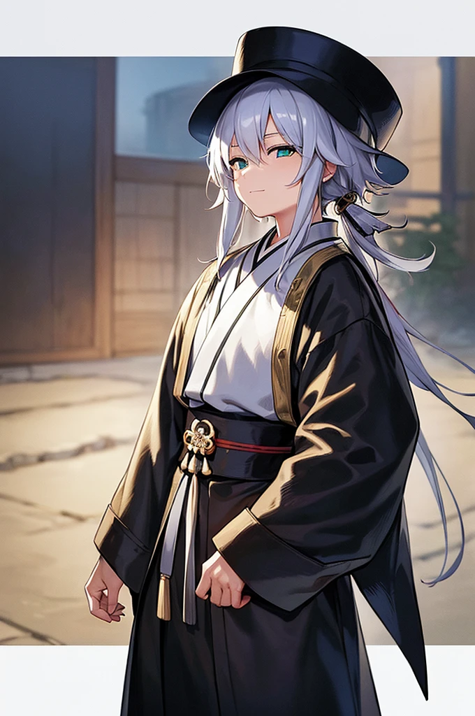 ((Pixiv)),(masterpiece_portrait),(Wuxia),(10s-anime-aesthetic),(Akira Kitamura),1boys,White_skin,sharp_face,medium_hair,white_hair,curly_hair,hair_over_one_eye,light_green_eyes,samurai,Japan,smiling_face,Closed_mouthhalf-closed_eyes,reaching_out,Black kimono,Gray tasuki,White bell-bottoms,Space Gray shoulder_cape,rice_hat,standing,cowboy shot,male_focus,ligne_claire