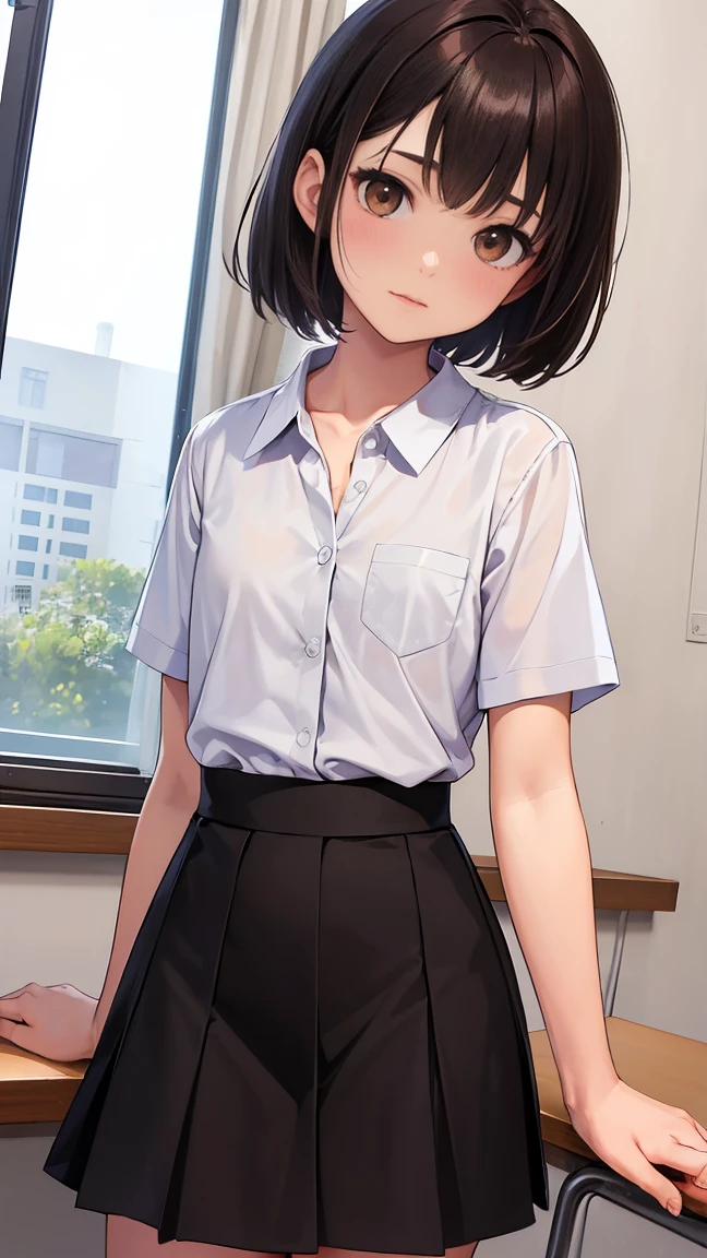 (1 female), short bob, 18 years old, Japanese, brown eyes, brown hair, slim, (flat chest), high school girl, classroom, summer uniform break at school Her blouse was semi-transparent and her bra was visible. black bura:0.6
