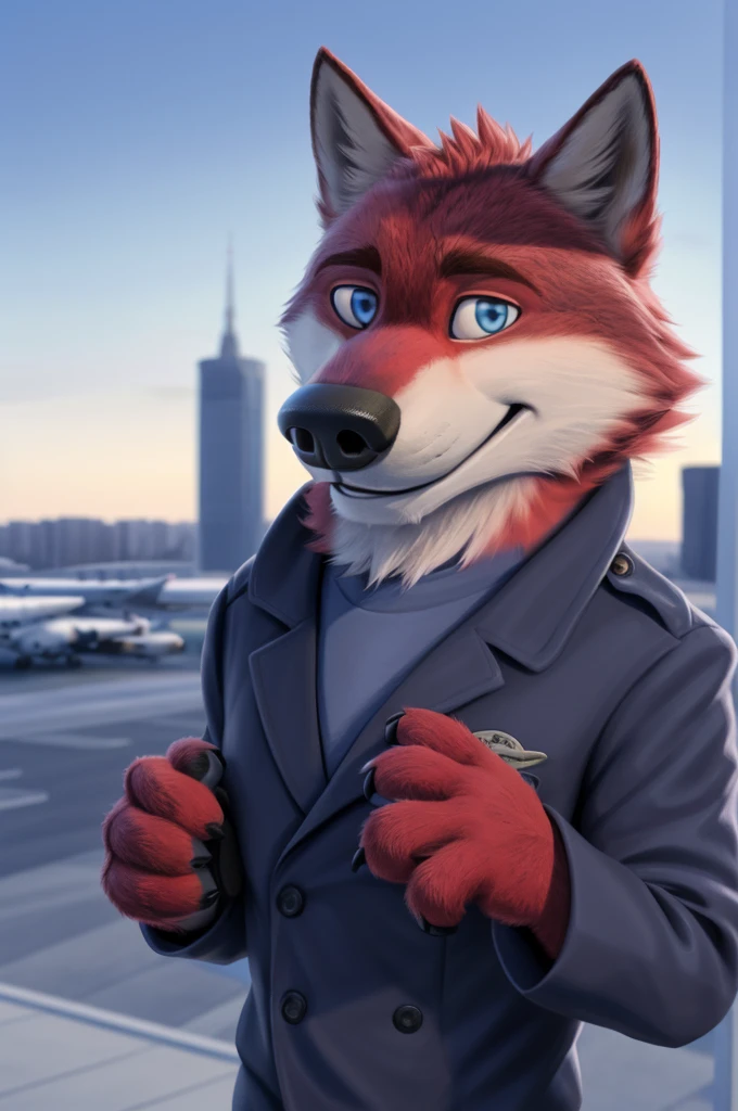 Ivan Wolfbach (Аэропорт Domodedovo),high,Beautiful,slim,24 years,wolf, red fur,high Beautiful wolf, 24 years,(red body:1.3),beautiful blue eyes,Domodedovo, Russia, Аэропорт Domodedovo,gray shirt,green tie, trousers,canine, wolf, detailed fur, male, antro, paw pads, finger claws, at viewer, 5 fingers, paws, 5 fingers,day,digital photography, soft focus,good mood на стойке регистрации,,photorealism, realistic, photorealistic,digital style,from close walks around the city, Very close to the camera, digital photography, smile positive, good,mood,green tie, airport pilot patch, 4 yellow stripes masterpiece, Best quality, ultra realistic, 8 k)