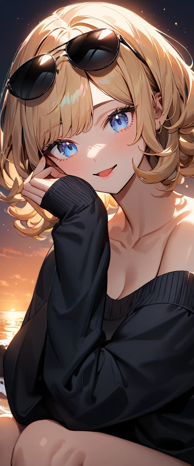 (((One girl))), (((portrait, face))), (((looking down))), ((outward curled hair)), from side:1.3, sea, beach, evening, Sunset, ((Sitting on a cliff)), (((Bare legs))), wavy hair, blond hair, open mouth, tongue out, ((sunglasses, hand to sunglasses)), (bob cut:1.3)), breasts, standard body, (looking at viewer), oversized clothes, puffy long sleeves, collarbone, ((off-shoulder sweater dress:1.3, Quite thick shoulder straps)), (((sleeves past wrists:1.3))), ((black sweater)), teenager, head tilt:1.3, (((blue eye))), ((happy smile)), (((anime style))), (best quality, 4K, 8K, highres, masterpiece:1.2, ultra-detailed, ultra-detailed eyes, HDR, uhd, studio lighting, ultra-fine painting, sharp focus, physically-based rendering, extreme detail description, professional, vivid colors, bokeh), ((Highest quality, Best image quality, Ultra-high resolution, Ultra-high resolution, solo, Strong eye highlights)), Depth of written boundary, Natural soft light, attractive, Beautiful Face, Cleanliness, Pure Face, medium chest, Beautiful Face, Perfect Fingers, Perfect hands, Perfect body, Perfect Face, Shine a light into your eyes, Perfect Anatomy