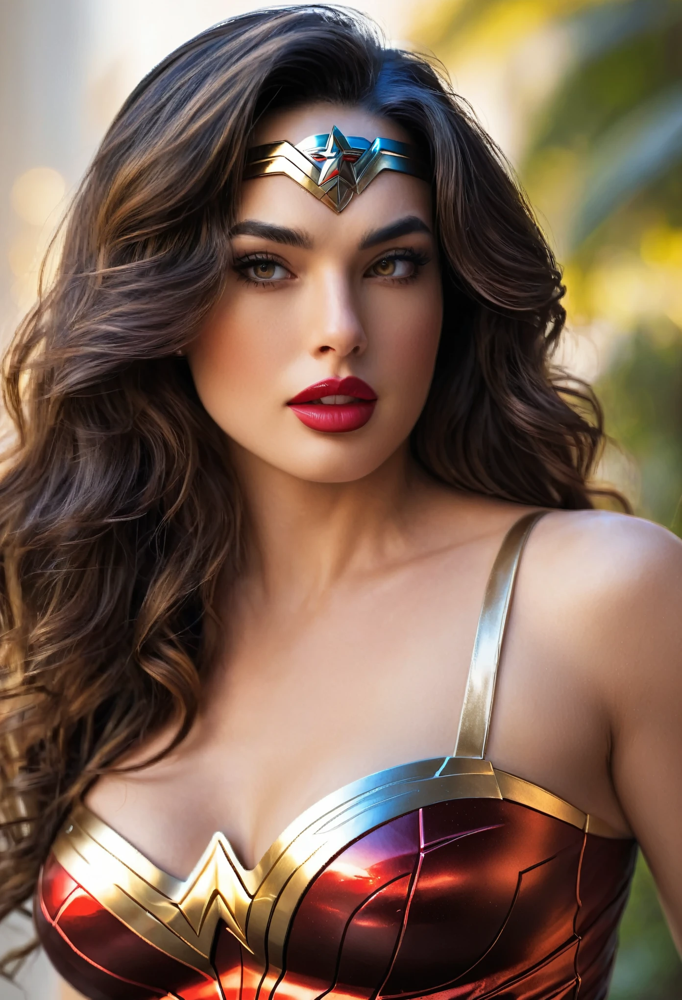 Sexy superheroine wavy Wonder Woman portrait photography by artgerm, in the style of realism, glistening skin, cartooncore, mangacore, natural lighting, Defined full lips. Muscular fitness feminine body (domino mask) (back view)