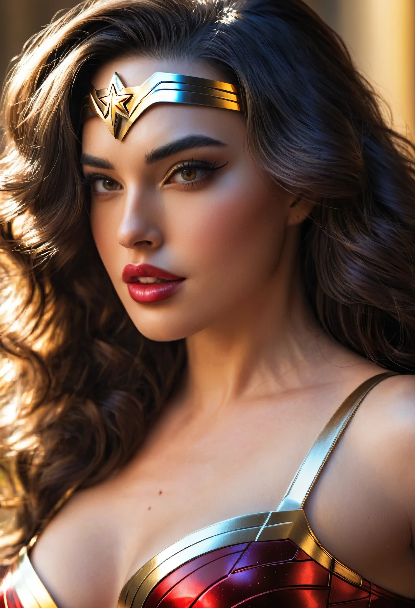 Sexy superheroine wavy Wonder Woman portrait photography by artgerm, in the style of realism, glistening skin, cartooncore, mangacore, natural lighting, Defined full lips. Muscular fitness feminine body (domino mask) (back view)