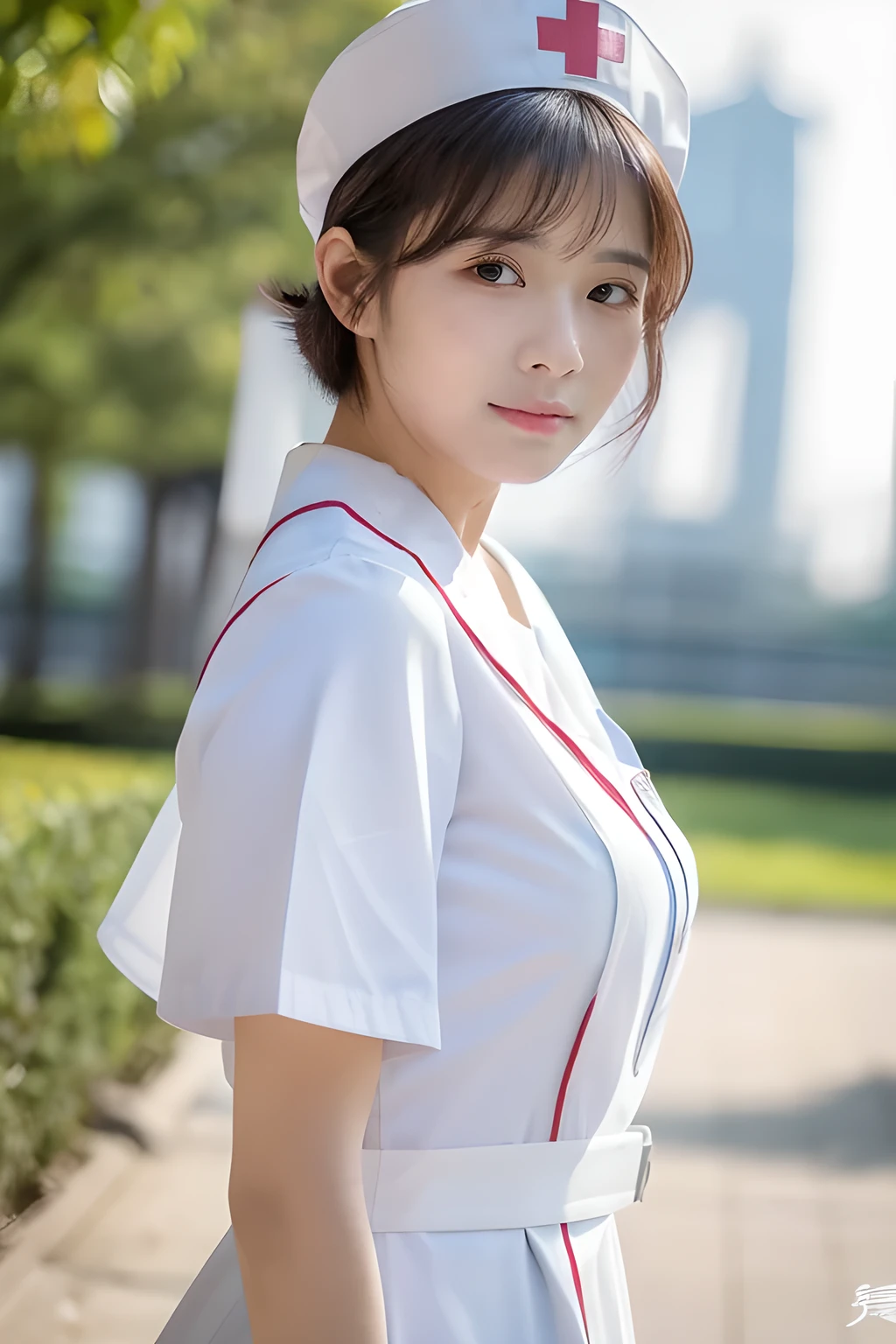 (8k, best quality, masterpiece:1.3), (Zoom out shot:1.2), (beautiful Japanese mature woman), shirt cut hair, (wearing white Nurse's uniform, Nurse's cap :1.2),