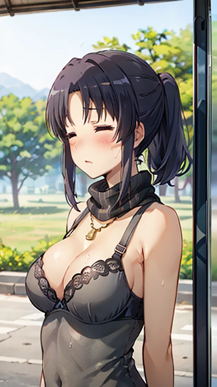 Miyauchi Kazuho,
Depicts only one woman,

Golden Hair,Wet hair texture,
(long hair.05),Ashime,Loose and fluffy perm,

Natural skin texture,Large Breasts,Narrow waist,
Slightly muscular body,

(Black one piece dress:1.5),(Grey bra:1.5),
Black scarf,Transparent haori,
Golden Necklace,

countryside,stand up,
12:30pm,morning,Bus Stop,

Slightly larger breasts,expression(Puzzled),Hall々and attitude,
Closed Mouth,Closed Eyes,
blush,from the front,Broken posture,


Natural depiction,
Beautiful depiction,
Shiny eyes,
Healthy Body,
Natural hairstyle,
Natural body contours,
Natural facial contours,
(Five fingers)Absolute depiction,Symmetrical fingers,
Two arms,
Two legs,
Sharp eyelid depiction,
Symmetrical eyes,Symmetrical eyes,
Keep the subject in the center,Expand the upper body,
Beautiful image quality,
Delicate shades,
4K,Very detailed,
Delicate light adjustment,
Delicate contour drawing,