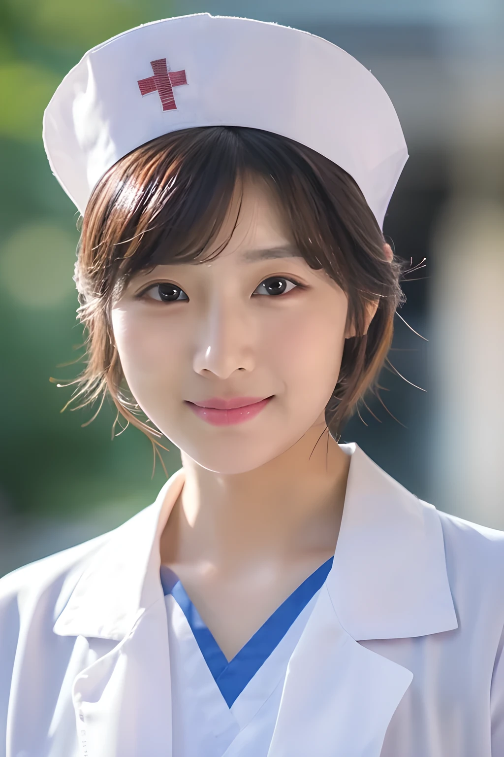 (8k, best quality, masterpiece:1.3), (Zoom out shot:1.2), (beautiful Japanese mature woman), shirt cut hair, (wearing white Nurse's uniform, Nurse's cap :1.2),