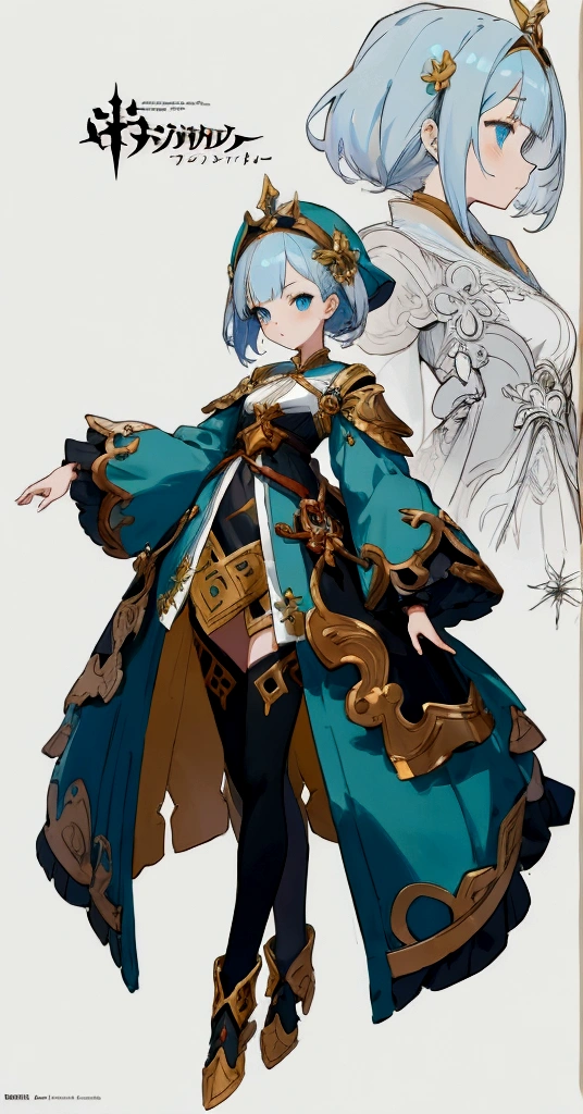 character design board, anime girl, design, just one character, clothes, rotation, fantasy clothes, complex design