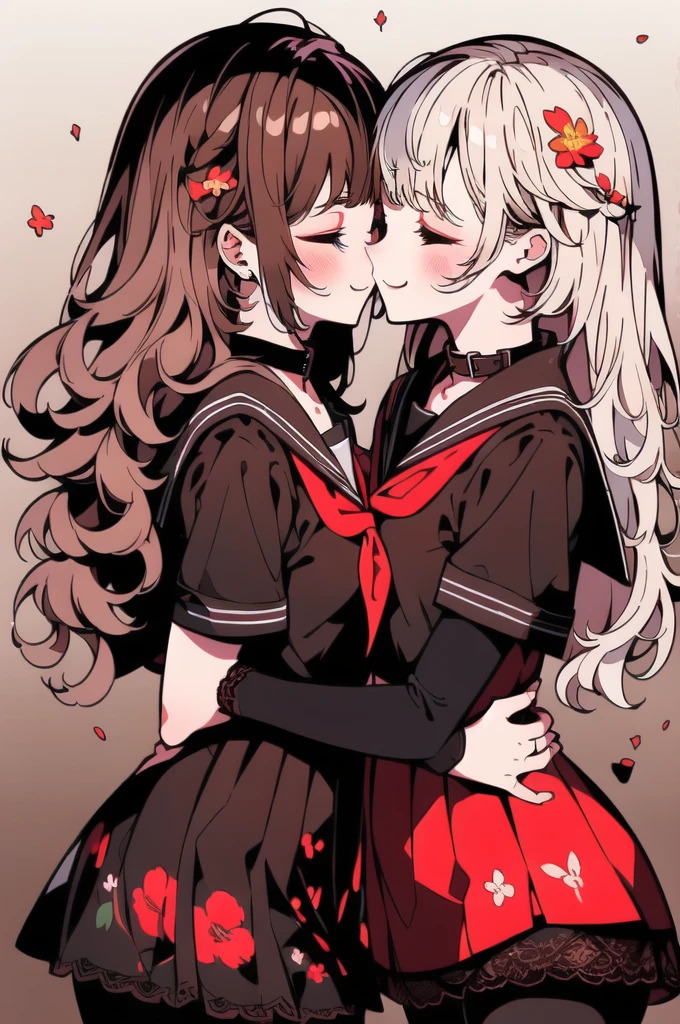 ((YURI)), Perfect Face, Multiple Girls, (((2Girls))), ((Brown Hair Gril, Short Hair)), ((Blonde Hair Girl, Wavy Hair)), (((Two Friendly Girls:1.4))), ((Hug)), (((Symmetrical Posture, Cheeks Touching:1.5))), (((Smile))), ((Closed Eyes)), Open Mouth:0.8, kiss:0.2, BREAK; 
(MakeUp, Red Eyeliner), (Wavy Hair, Short Hair), ((School Uniform, Sailor Suit, Dark Brown Collar, Dark Brown Shirts, Short Sleeve, Red Neckerchief)), ((School, Dark Brown Skirt)), (Brown Lace Pantyhose, Lace:1.5), Thighs:1.1, (Brown Loafers), Slender Body, ((Small Breasts:1.4)), Red Nails, 
BREAK; 
(8K, Best Quality, Ultra Detailliert, Highres, Absurdres, Perfect ???????, Masterpiece), Strong Outline, Five Fingers, (Blush), ((Posed Photo:1.3)), ((Wide-Angle Photo:1.3)), Dutch Angle, ((White BackGround, Floral Print:1.5, Flower BackGround:1.3, Floral BackGround:1.3)),
