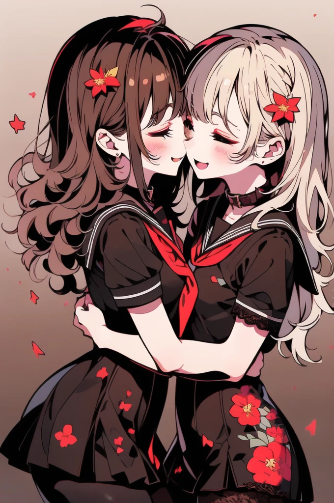 ((YURI)), Perfect Face, Multiple Girls, (((2Girls))), ((Brown Hair Gril, Short Hair)), ((Blonde Hair Girl, Wavy Hair)), (((Two Friendly Girls:1.4))), ((Hug)), (((Symmetrical Posture, Cheeks Touching:1.5))), (((Smile))), ((Closed Eyes)), Open Mouth:0.8, kiss:0.2, BREAK;
(MakeUp, Red Eyeliner), (Wavy Hair, Short Hair), ((School Uniform, Sailor Suit, Dark Brown Collar, Dark Brown Shirts, Short Sleeve, Red Neckerchief)), ((School, Dark Brown Skirt)), (Brown Lace Pantyhose, Lace:1.5), Thighs:1.1, (Brown Loafers), Slender Body, ((Small Breasts:1.4)), Red Nails,
BREAK;
(8K, Best Quality, Ultra Detailliert, Highres, Absurdres, Perfect Anatomy, Masterpiece), Strong Outline, Five Fingers, (Blush), ((Posed Photo:1.3)), ((Wide-Angle Photo:1.3)), Dutch Angle, ((White BackGround, Floral Print:1.5, Flower BackGround:1.3, Floral BackGround:1.3)),