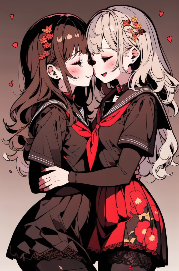 ((YURI)), Perfect Face, Multiple Girls, (((2Girls))), ((Brown Hair Gril, Short Hair)), ((Blonde Hair Girl, Wavy Hair)), (((Two Friendly Girls:1.4))), ((Hug)), (((Symmetrical Posture, Cheeks Touching:1.5))), (((Smile))), ((Closed Eyes)), Open Mouth:0.8, kiss:0.2, BREAK; 
(MakeUp, Red Eyeliner), (Wavy Hair, Short Hair), ((School Uniform, Sailor Suit, Dark Brown Collar, Dark Brown Shirts, Short Sleeve, Red Neckerchief)), ((School, Dark Brown Skirt)), (Brown Lace Pantyhose, Lace:1.5), Thighs:1.1, (Brown Loafers), Slender Body, ((Small Breasts:1.4)), Red Nails, 
BREAK; 
(8K, Best Quality, Ultra Detailliert, Highres, Absurdres, Perfect Anatomy, Masterpiece), Strong Outline, Five Fingers, (Blush), ((Posed Photo:1.3)), ((Wide-Angle Photo:1.3)), Dutch Angle, ((White BackGround, Floral Print:1.5, Flower BackGround:1.3, Floral BackGround:1.3)),