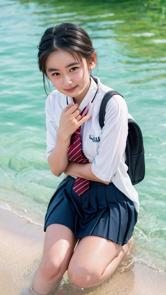 ((Highest quality, 8K, masterpiece: 1.3)), Sharp focus: 1.2, At the beach dyed in the sunset、Cute Japanese schoolgirl playing in the water by herself。She has straight black hair down to her shoulders、The bangs are cut straight above the eyebrows。She is wearing a traditional Japanese uniform.、The uniform is a sailor top with a white collar and navy blue lines.、And she is wearing a navy blue pleated skirt.。A red scarf is tied neatly around the chest of the top.。

She rolled up the sleeves of her uniform to her elbows、The hem of my skirt is also a little wet.。Walk barefoot on the sandy beach、I smile every time a wave hits my feet.。Her feet are white and small、There&#39;s fine sand on my toes。She was happily splashing around on the shoreline.、Occasionally, they scoop up seawater with their hands and throw it back into the waves.。Every time the water touches your feet it splashes a little.、They seem to be having fun.。

The blue sea and white sandy beach spread out in the background.、And the beautiful orange sky at sunset is depicted.。A small island in the distance々I can see、Seagulls are flying around。The shore is littered with small shells and driftwood.、The atmosphere is such that you can almost hear the sound of the waves.。Behind her、There was a school bag carelessly placed on the beach.、Next to it are carefully arranged shoes and socks.。The color of the bag is black、Embroidered school logo。Overall、Relaxing after school and、This is a scene that brings back fond memories of the end of summer.。
