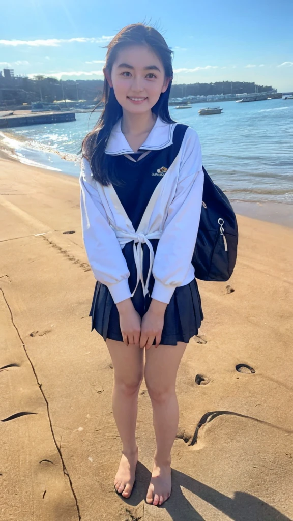 ((Highest quality, 8K, masterpiece: 1.3)), Sharp focus: 1.2, At the beach dyed in the sunset、Cute Japanese schoolgirl playing in the water by herself。She has straight black hair down to her shoulders、The bangs are cut straight above the eyebrows。She is wearing a traditional Japanese uniform.、The uniform is a sailor top with a white collar and navy blue lines.、And she is wearing a navy blue pleated skirt.。A red scarf is tied neatly around the chest of the top.。
She rolled up the sleeves of her uniform to her elbows、The hem of my skirt is also a little wet.。Walk barefoot on the sandy beach、I smile every time a wave hits my feet.。Her feet are white and small、There's fine sand on my toes。She was happily splashing around on the shoreline.、Occasionally, they scoop up seawater with their hands and throw it back into the waves.。Every time the water touches your feet it splashes a little.、They seem to be having fun.。
The blue sea and white sandy beach spread out in the background.、And the beautiful orange sky at sunset is depicted.。A small island in the distance々I can see、Seagulls are flying around。The shore is littered with small shells and driftwood.、The atmosphere is such that you can almost hear the sound of the waves.。Behind her、There was a school bag carelessly placed on the beach.、Next to it are carefully arranged shoes and socks.。The color of the bag is black、Embroidered school logo。Overall、Relaxing after school and、This is a scene that brings back fond memories of the end of summer.。