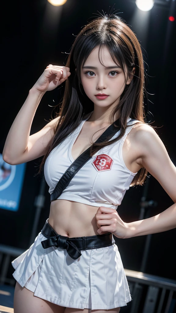 ((Beautiful karate girl is competing in the karate ring)), (Cute school girl, Baby Face:1.4, Idol Face), whole body, (((Karate stance:1.2))), Slender body line, Small and slender figure, (Beautiful breasts, Fascinating cleavage:1.2), ((Wearing a proper karate uniform:1.3, Black belt)), ((Detailed eyes and face:1.2, Professional photography techniques, Stage lighting)), (Highest quality, 8K, masterpiece:1.2, RAW Photos), (Realistic:1.3), (Detailed hands:1.1), ((Panty shot:1.3))