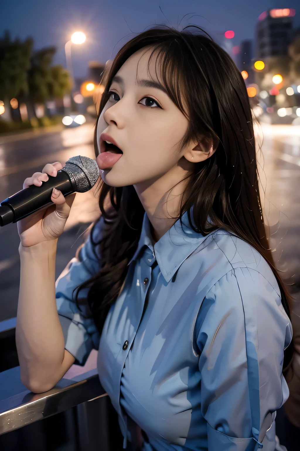 Best quality, masterpiece,photorealestic,1girl，solo，lips，open_mouth，microphone，tongue，tongue_out,policewoman,cityscape, leaf, moon, night, night_sky, outdoors, sky, skyscraper,,floating_clothes