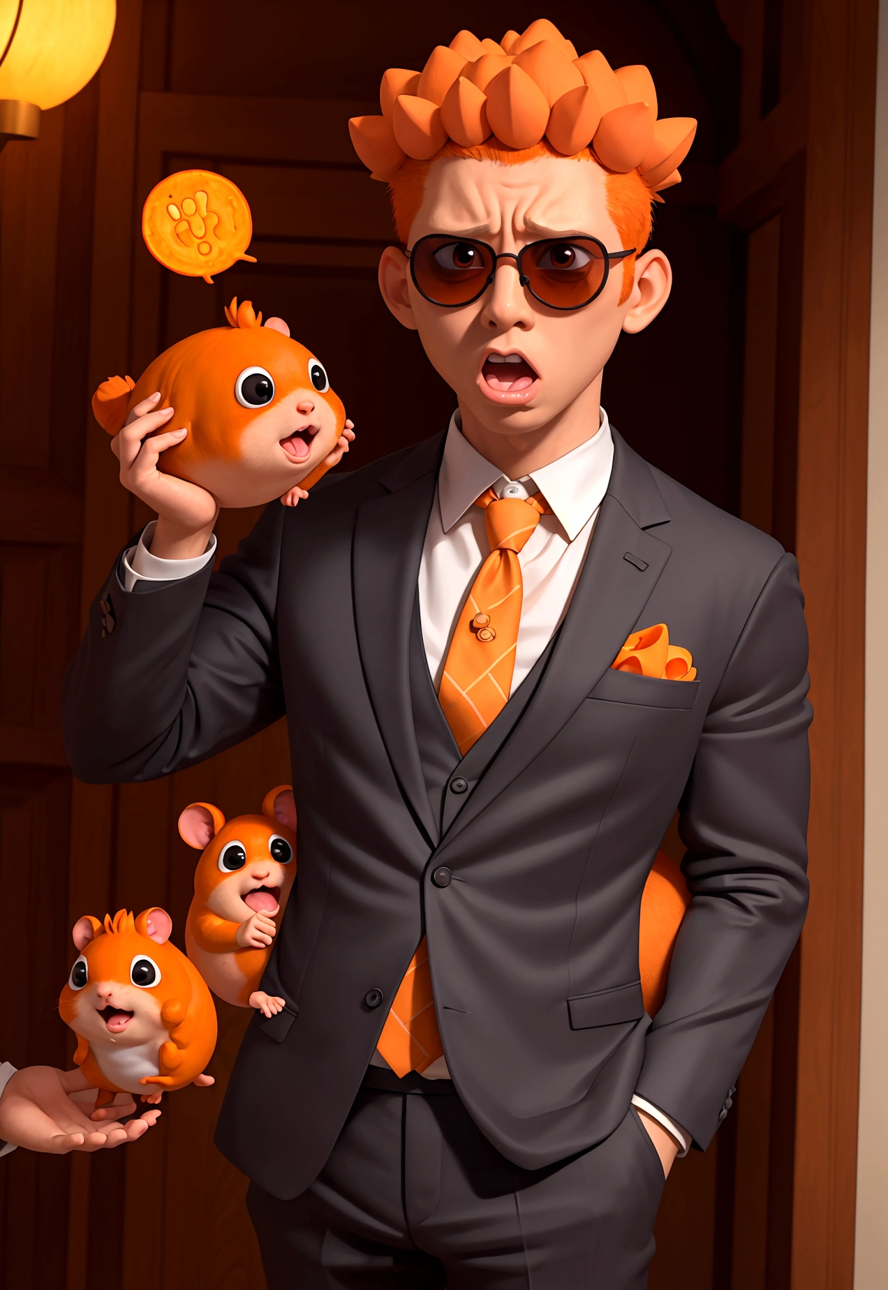 (masterpiece), (bestquality), (ultra detailed) terrified surprised orange hamster, dressed in a suit and sunglasses, afraid , muscle body , looking surprised ,