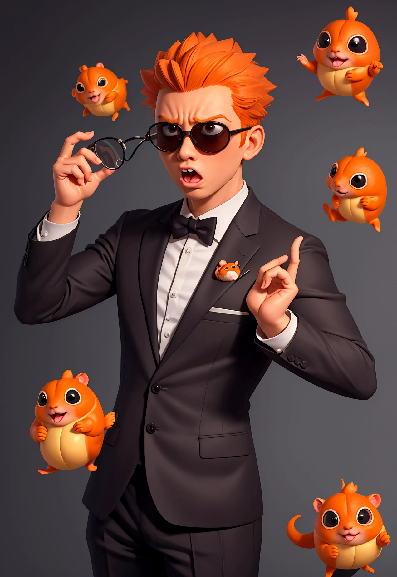 (masterpiece), (bestquality), (ultra detailed) terrified surprised orange hamster, dressed in a suit and sunglasses, afraid , muscle body , looking surprised ,
