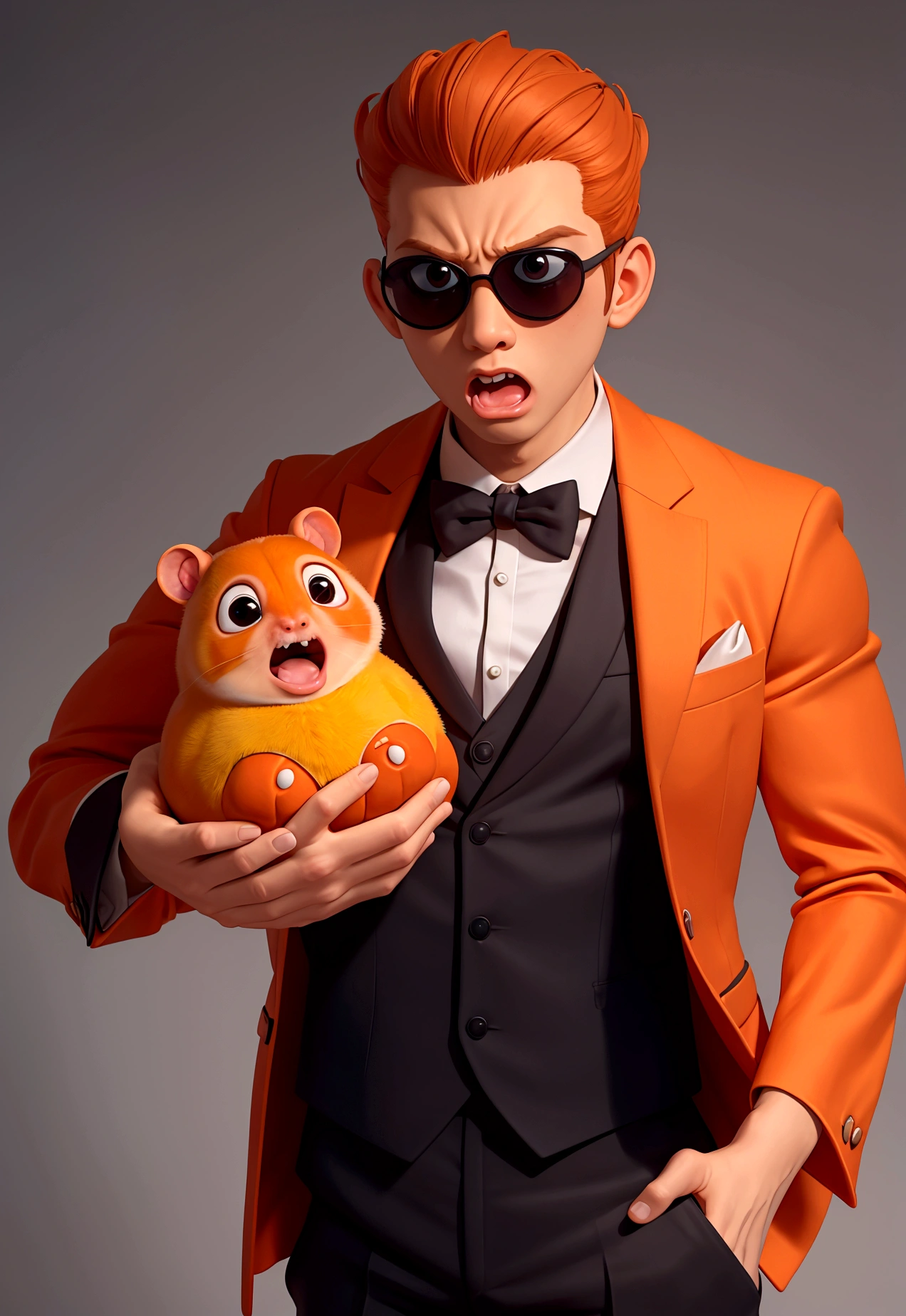 (masterpiece), (bestquality), (ultra detailed) terrified surprised orange hamster, dressed in a suit and sunglasses, afraid , muscle body , looking surprised ,