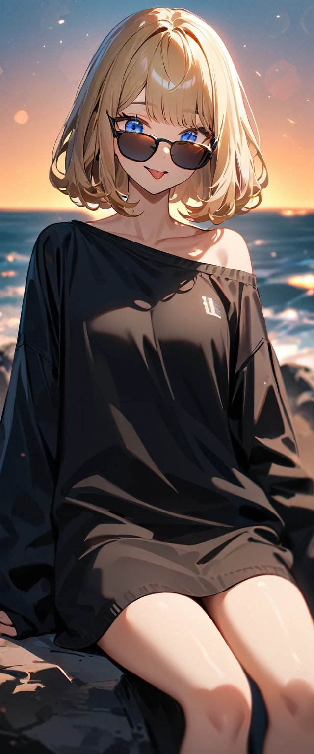 (((One girl))), (((portrait, face))), (((looking down))), ((outward curled hair)), from side:1.3, sea, beach, evening, Sunset, ((Sitting on a cliff)), (((Bare legs))), wavy hair, blond hair, open mouth, tongue out, ((sunglasses, hand to sunglasses)), (bob cut:1.3)), breasts, standard body, (looking at viewer), oversized clothes, puffy long sleeves, collarbone, ((off-shoulder sweater dress:1.3, Quite thick shoulder straps)), (((sleeves past wrists:1.3))), ((black sweater)), ager, head tilt:1.3, (((blue eye))), ((happy smile)), (((anime style))), (best quality, 4K, 8K, highres, masterpiece:1.2, ultra-detailed, ultra-detailed eyes, HDR, uhd, studio lighting, ultra-fine painting, sharp focus, physically-based rendering, extreme detail description, professional, vivid colors, bokeh), ((Highest quality, Best image quality, Ultra-high resolution, Ultra-high resolution, solo, Strong eye highlights)), Depth of written boundary, Natural soft light, attractive, Beautiful Face, Cleanliness, Pure Face, medium chest, Beautiful Face, Perfect Fingers, Perfect hands, Perfect body, Perfect Face, Shine a light into your eyes, Perfect Anatomy