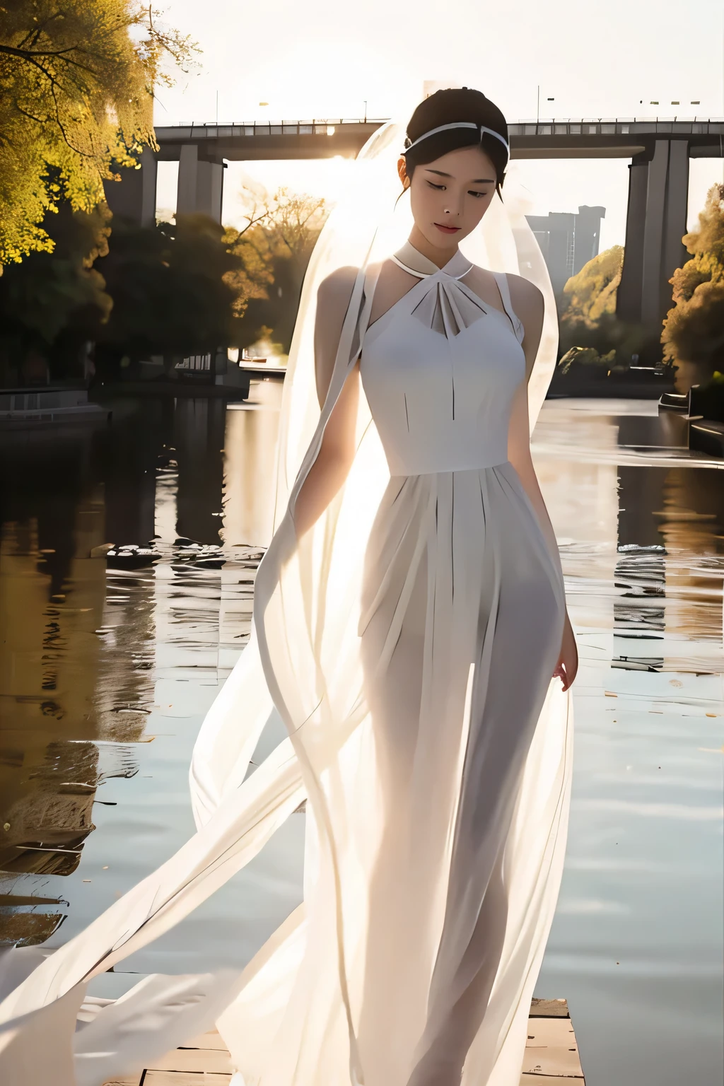  masterpiece, best quality, 1girl, solo, delicate face, white-skinned female, see-through silhouette, white dress, full body,outdoor,,on bridge,over a river,floating_hair