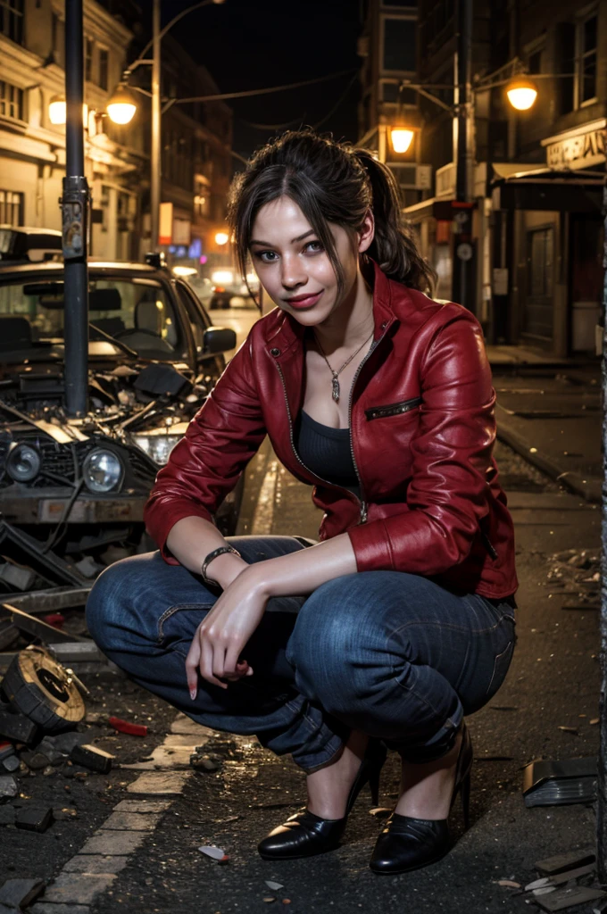 1girl, (realistic),(hyperrealism),(best quality),(masterpiece),(ultra high res),(photorealistic),idol,eye makeup,detailed eyes,detailed face,black dress, claireredfield2, brown hair, (red jacket:1.2), ponytail, (denim pants:1.3),, red wristband, grey inner bra,, abandoned street, burning cars in background, littered street, smoke, chaos, zombie apocalypse, nighttime, streetlamp illumination, full moon,, flirting, looking at viewer, smiling, squatting