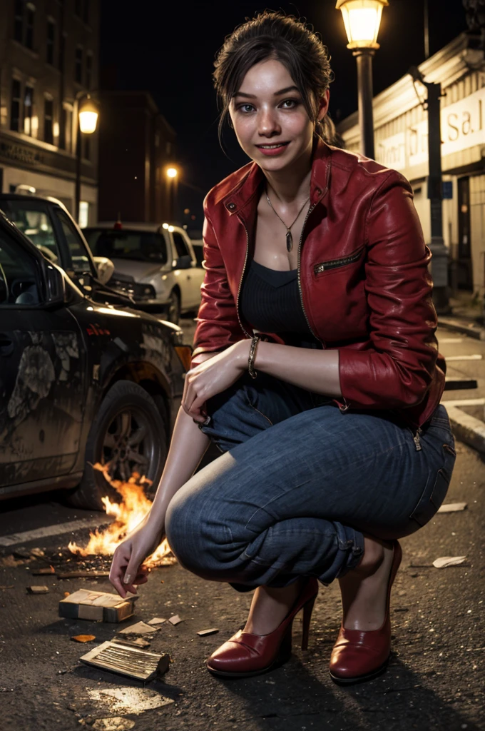 1girl, (realistic),(hyperrealism),(best quality),(masterpiece),(ultra high res),(photorealistic),idol,eye makeup,detailed eyes,detailed face,black dress, claireredfield2, brown hair, (red jacket:1.2), ponytail, (denim pants:1.3),, red wristband, grey inner bra,, abandoned street, burning cars in background, littered street, smoke, chaos, zombie apocalypse, nighttime, streetlamp illumination, full moon,, flirting, looking at viewer, smiling, squatting