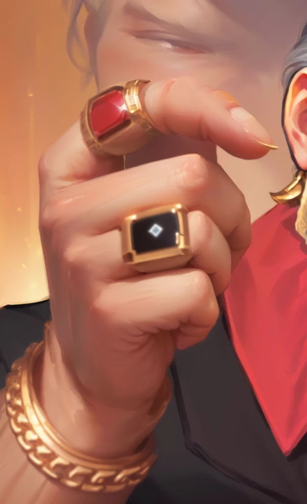 there is a man with a ring on his finger holding a cell phone, heavy gesture style closeup, point finger with ring on it, hyper detail portrait, character art closeup, holding gold, elder ring, extra detail, ultra detail. digital painting, intriguing details, perspicious detail, full art, holding a holy symbol, high quality portrait