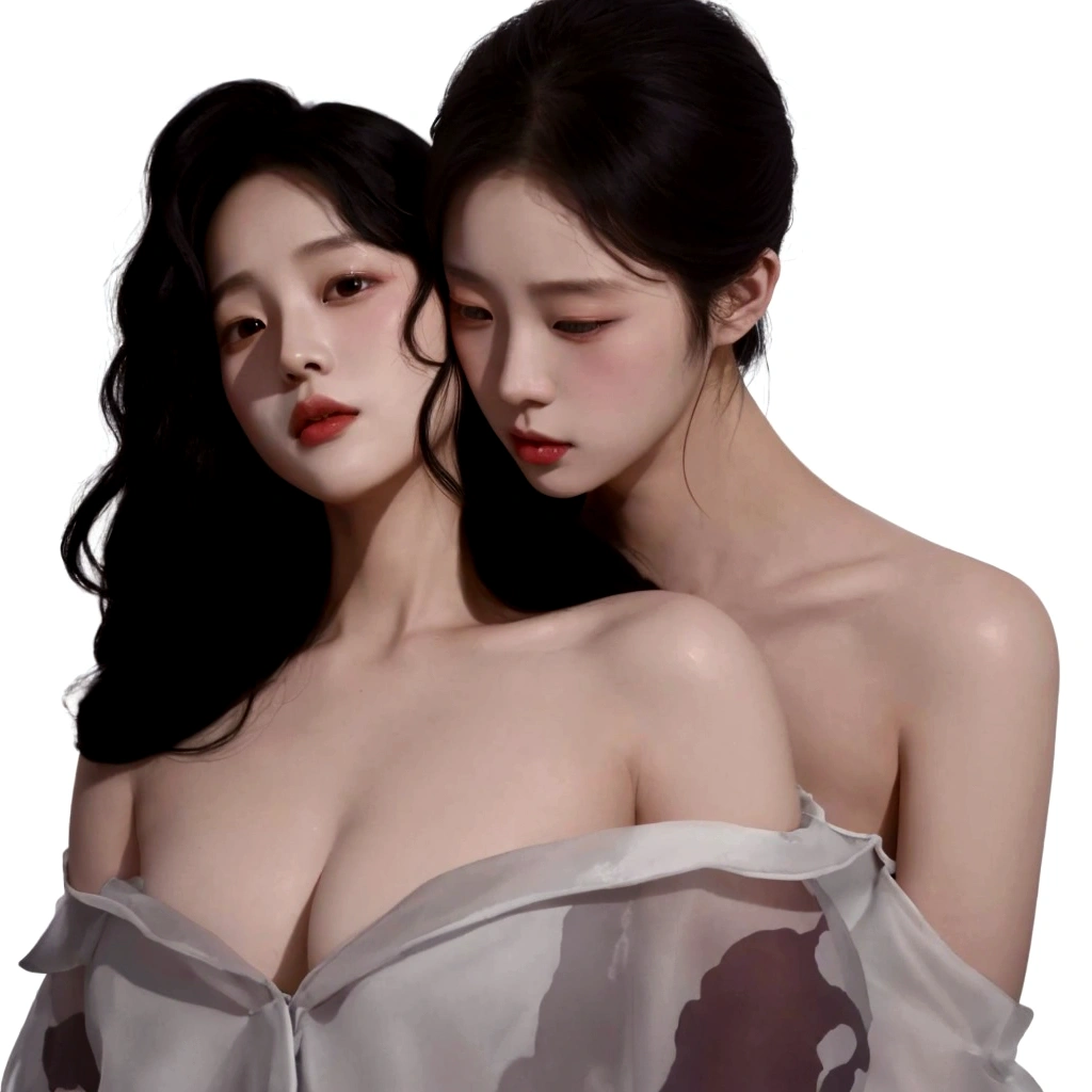 there are two women that are standing next to each other, artwork in the style of Guvez, In the art form of the pond, two women, Inspiration from Yan Juncheng, two women, digital pain, By Yang J, Greedy and failed, Inspiration from Kim Deuksin, Wolop and Sakimi-chan, Guvez