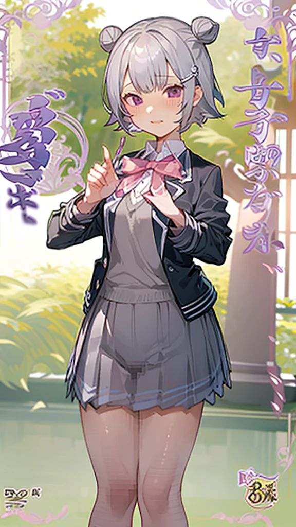 Top Quality, 8K, 4K, High Definition, Detail, (better-quality, 8K, 12), top-quality, 1 girl、purple short bob hair clip tied into a bun、black eyeedium breasts、uniform、gray jacket with pink line, fingerless gloves、thighs、Ilcha fousing on her, surprise face, having her hands her face, making cute surprise expressing. picture pose, she is standing up, (NSFW)