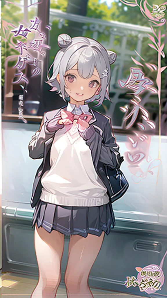 Top Quality, 8K, 4K, High Definition, Detail, (better-quality, 8K, 12), top-quality, 1 girl、purple short bob hair clip tied into a bun、black eyeedium breasts、uniform、gray jacket with pink line, fingerless gloves、thighs、Ilcha fousing on her, surprise face, having her hands her face, making cute surprise expressing. picture pose, she is standing up, (NSFW)
