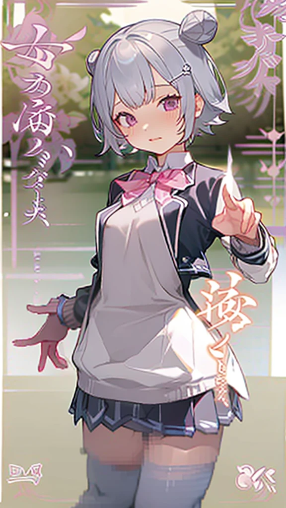 Top Quality, 8K, 4K, High Definition, Detail, (better-quality, 8K, 12), top-quality, 1 girl、purple short bob hair clip tied into a bun、black eyeedium breasts、uniform、gray jacket with pink line, fingerless gloves、thighs、Ilcha fousing on her, surprise face, having her hands her face, making cute surprise expressing. picture pose, she is standing up, (NSFW)