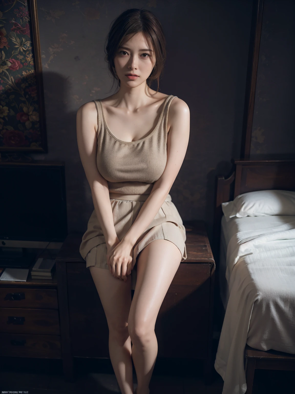 1girl, woman, masterpiece, best quality, highest quality, cinematic lighting, (volumetric lighting), extremely detailed CG unity 8k wallpaper, focused, 8k wallpaper, extremely detailed, ultra realistic, photorealistic, sharp focus, absurdres, (HDR:1.2), (high contrast), photograph, detailed and intricate, instagram, portrait, highly detailed, digital painting, artstation, concept art, smooth, sharp focus, illustration, cinematic lighting, (natural big breast), black short skirt, eyes looking at the viewer, ((medium shoulder)), (sexy legs), (slender body), (((height 163cm))), (HQ skin:1.4, Realistic human body structure), (Full body:1.5), (aerial shot photo), (wearing knit tank top, short skirt), (show thighs)