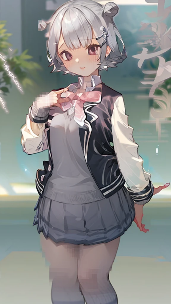 Top Quality, 8K, 4K, High Definition, Detail, (better-quality, 8K, 12), top-quality, 1 girl、purple short bob hair clip tied into a bun、black eyeedium breasts、uniform、gray jacket with pink line, fingerless gloves、thighs、Ilcha fousing on her, surprise face, having her hands her face, making cute surprise expressing. picture pose, she is standing up, (NSFW)
