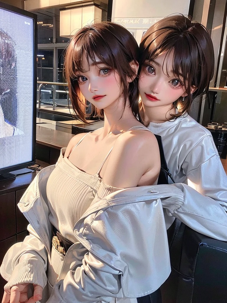 (highest resolution、clear_image)highest quality、woman、very detailed、semi-realistic、light cream hair、short hair、Long neckline、gray eyes、21 years old、shoulder length hair、mature、young、V-neck sweater、exquisite features、Cowboy Shot、Brown Eyes、Waist up shot
