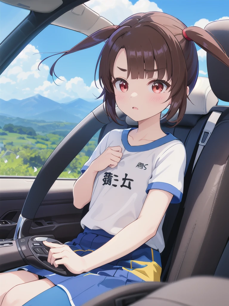 blue sky,cloud,In the car,sports car,Take the wheel,While driving,1 Girl, 独奏, Red eyes,Fluttering Hair, Twin tails, brown hair,crawling,((顔 focus)),upper body,White T-shirt,Blue Skirt,drift, bangs, eyebrows visible through hair, Flat Chest, 