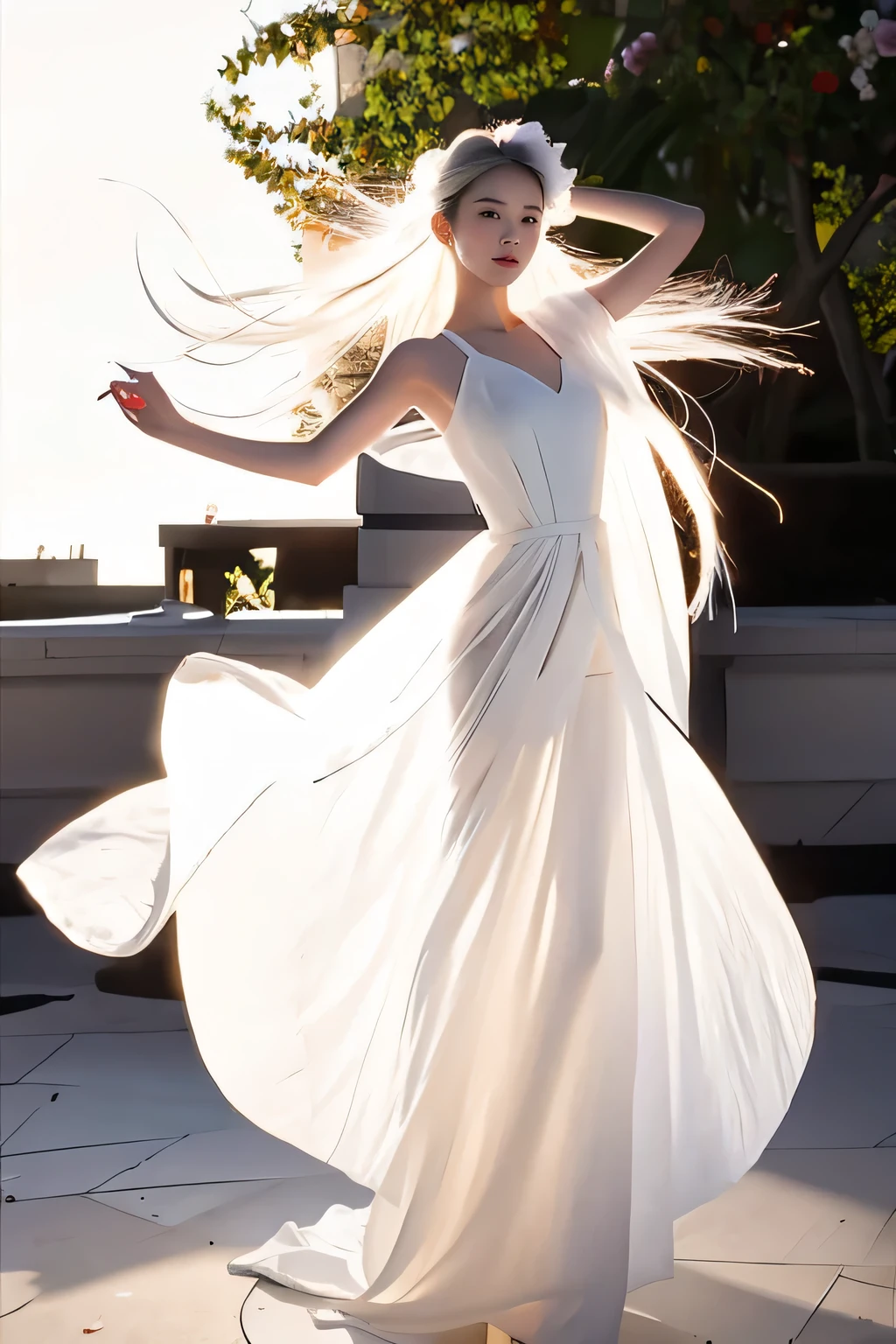  masterpiece, best quality, 1girl, solo, delicate face, white-skinned female, see-through silhouette, white dress, full body,outdoor,,rose,dark_background,  flower, ice_flower, icicle,,floating_hair