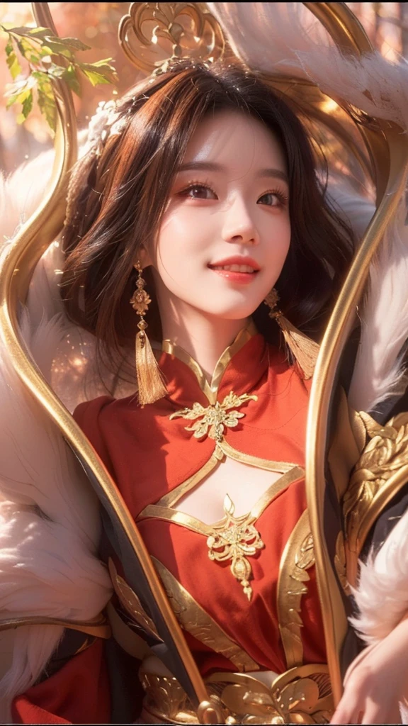 a beautiful detailed woman with striking eyes, elegant lips, smile, intricate hairstyle, standing in a mystical forest setting, highly detailed onmyoji-style portrait, ethereal lighting, warm color palette, masterpiece, 8k, photorealistic