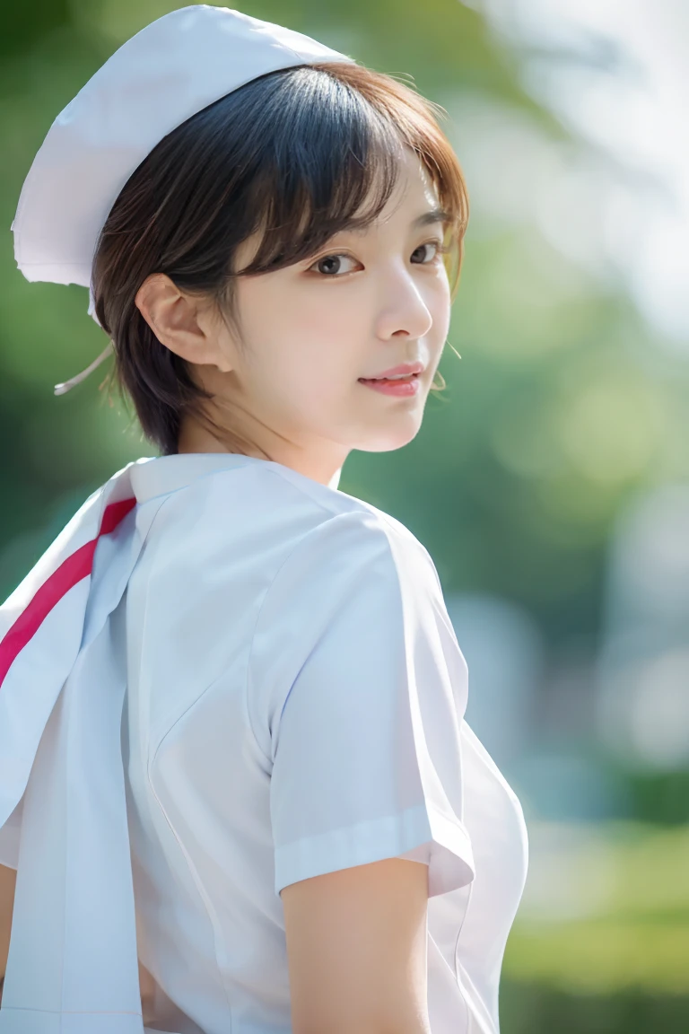 (8k, best quality, masterpiece:1.3), (Zoom out shot:1.2), (beautiful Japanese mature woman), shirt cut hair, (wearing white Nurse's uniform, Nurse's cap :1.2),