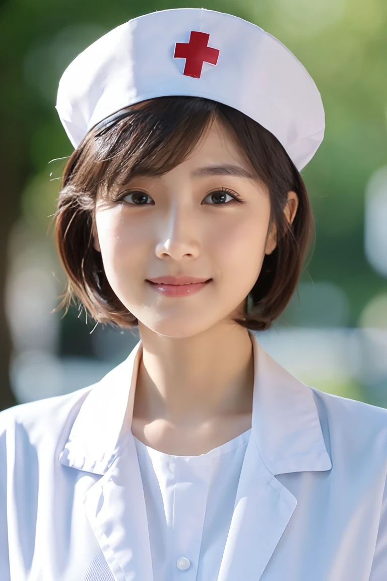 (8k, best quality, masterpiece:1.3), (Zoom out shot:1.2), (beautiful Japanese mature woman), shirt cut hair, (wearing white Nurse's uniform, Nurse's cap :1.2),