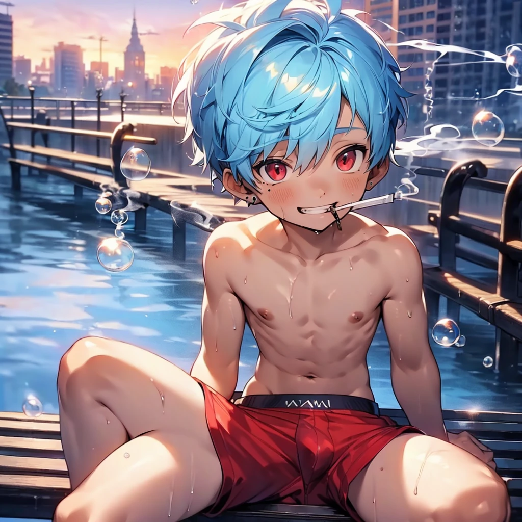 (solo:2), (boldline:-1.8), (smoking:1.6), (((bubble))), (sitting on bench:1.5), (spread legs:1.5), (((fang))), (((best finger))), BREAK (best quality:1.5), (absolutely resolution:1.5), (ultra detailed:1.5), (masterpiece:1.5), (perfect face), (detailed face), (detailed eyes), (best eyes), (cute face), (shota:2), BREAK (topless:1.5), BREAK (red short pants:1.5), (see throgh wet clothes:1.2), (bulge:1.6), (skinny:1.3), (spiked hair), BREAK (light blue hair:1.5), (wine red eyes:1.4), (eyes with highlight:1.6), ((mole under eye)), (sweaty skin), (light skin), (grin:1.5), ((earrings)), (shiny skin:1.3), BREAK (garden), (building:1.5), (at twilight:1.5), ((wind blowing)), ((nipple)), (abs), (groin),