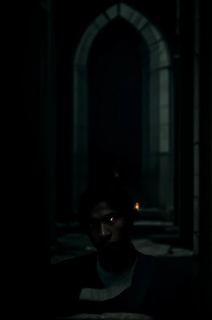 The camera pans through an old, decrepit church. Broken pews and shattered stained glass windows fill the scene. The moonlight filters through, casting eerie shadows. In the center, SUKUN, a man in his late 30s, sits on the ground, surrounded by flickering candles. His eyes are hollow, yet there's a glint of something sinister.