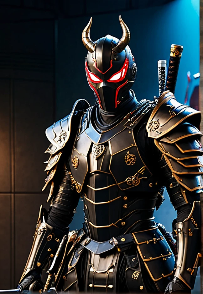araffe dressed in a black suit holding a sword and a sword, cyborg samurai, cyber japan samurai armor, cyberpunk samurai, very beautiful cyberpunk samurai, full samurai armor spiderman, bio - mechanical ninja samurai, portrait of a cyberpunk samurai, cyber japan style armor, cyber japan armor, celtic and cyberpunk armor, black bull samurai, intricate assasin mecha armor