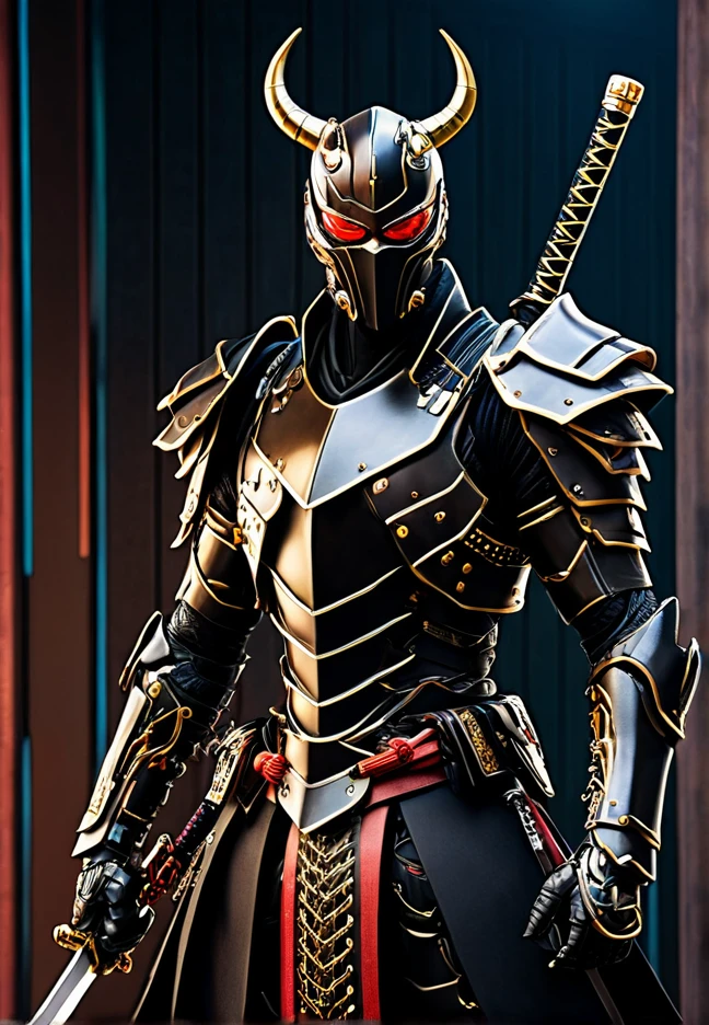 araffe dressed in a black suit holding a sword and a sword, cyborg samurai, cyber japan samurai armor, cyberpunk samurai, very beautiful cyberpunk samurai, full samurai armor spiderman, bio - mechanical ninja samurai, portrait of a cyberpunk samurai, cyber japan style armor, cyber japan armor, celtic and cyberpunk armor, black bull samurai, intricate assasin mecha armor