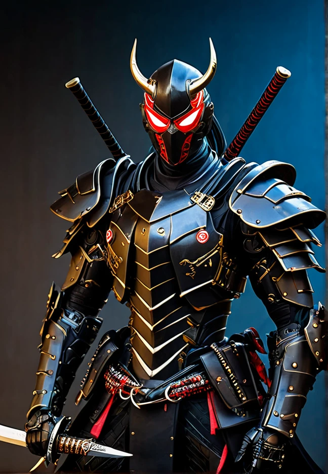 araffe dressed in a black suit holding a sword and a sword, cyborg samurai, cyber japan samurai armor, cyberpunk samurai, very beautiful cyberpunk samurai, full samurai armor spiderman, bio - mechanical ninja samurai, portrait of a cyberpunk samurai, cyber japan style armor, cyber japan armor, celtic and cyberpunk armor, black bull samurai, intricate assasin mecha armor