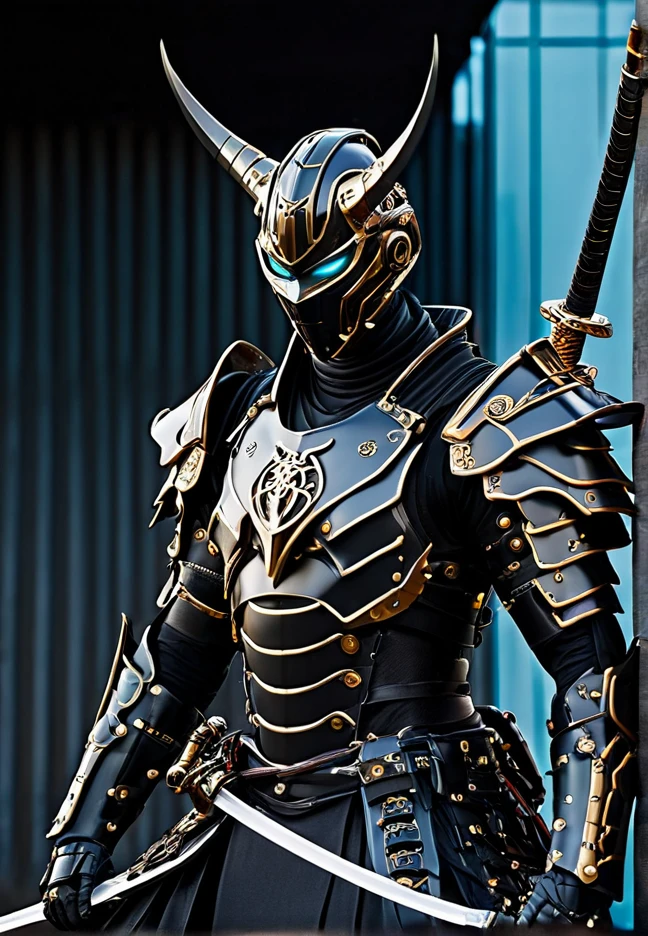 araffe dressed in a black suit holding a sword and a sword, cyborg samurai, cyber japan samurai armor, cyberpunk samurai, very beautiful cyberpunk samurai, full samurai armor spiderman, bio - mechanical ninja samurai, portrait of a cyberpunk samurai, cyber japan style armor, cyber japan armor, celtic and cyberpunk armor, black bull samurai, intricate assasin mecha armor