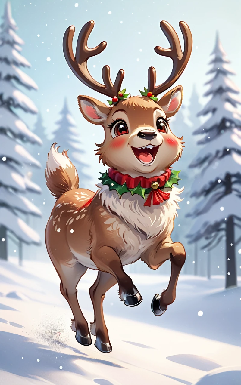 A cute Christmas reindeer with furry, Soft appearance, Decorated with a festive red and green collar, and their expressions as they leap for joy in a snowy winter wonderland,Christmas atmosphere,cute reindeer,Gift
