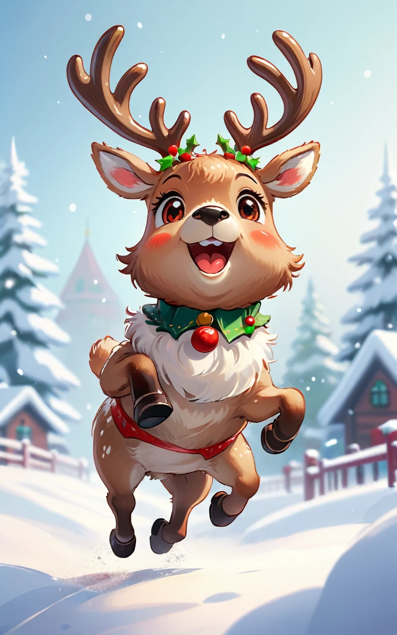 A cute Christmas reindeer with furry, Soft appearance, Decorated with a festive red and green collar, and their expressions as they leap for joy in a snowy winter wonderland,Christmas atmosphere,cute reindeer,Gift