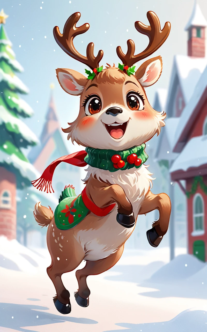 A cute Christmas reindeer with furry, Soft appearance, Decorated with a festive red and green collar, and their expressions as they leap for joy in a snowy winter wonderland，Christmas atmosphere，cute reindeer，Gift