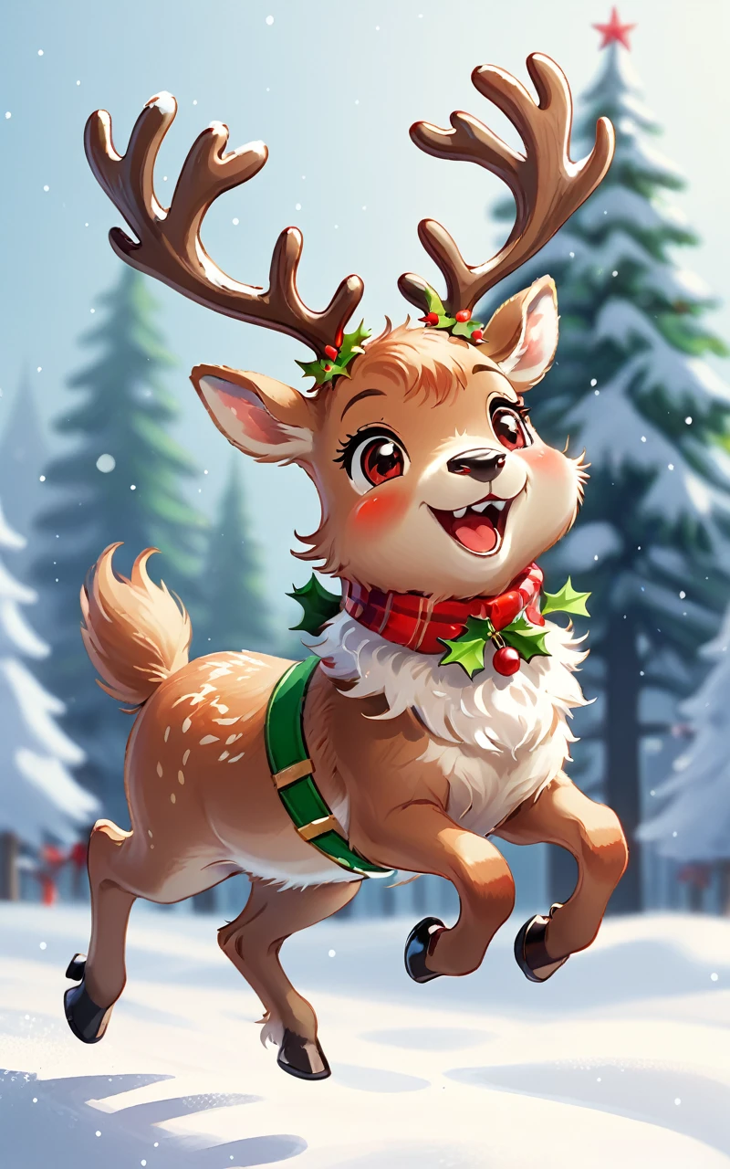 A cute Christmas reindeer with furry, Soft appearance, Decorated with a festive red and green collar, and their expressions as they leap for joy in a snowy winter wonderland,Christmas atmosphere,cute reindeer,Gift